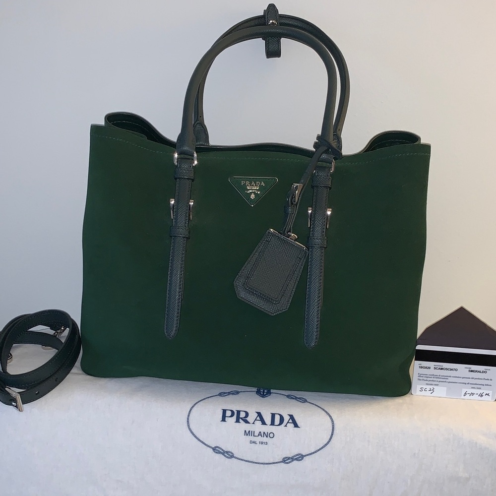 Prada Dark Green Suede and Leather Tote